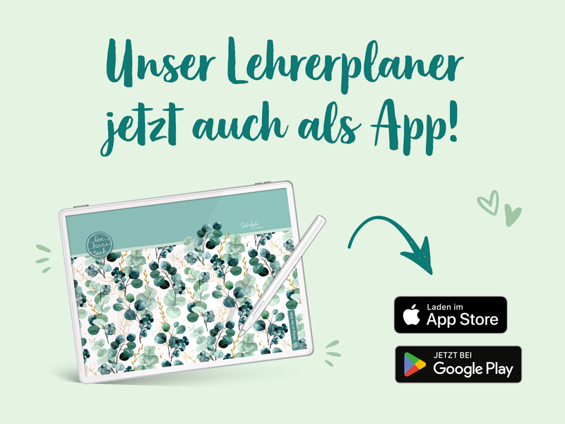 Unser Lehrerplaner jetzt auch als App! Darunter ein Tablet und der App Store Button.