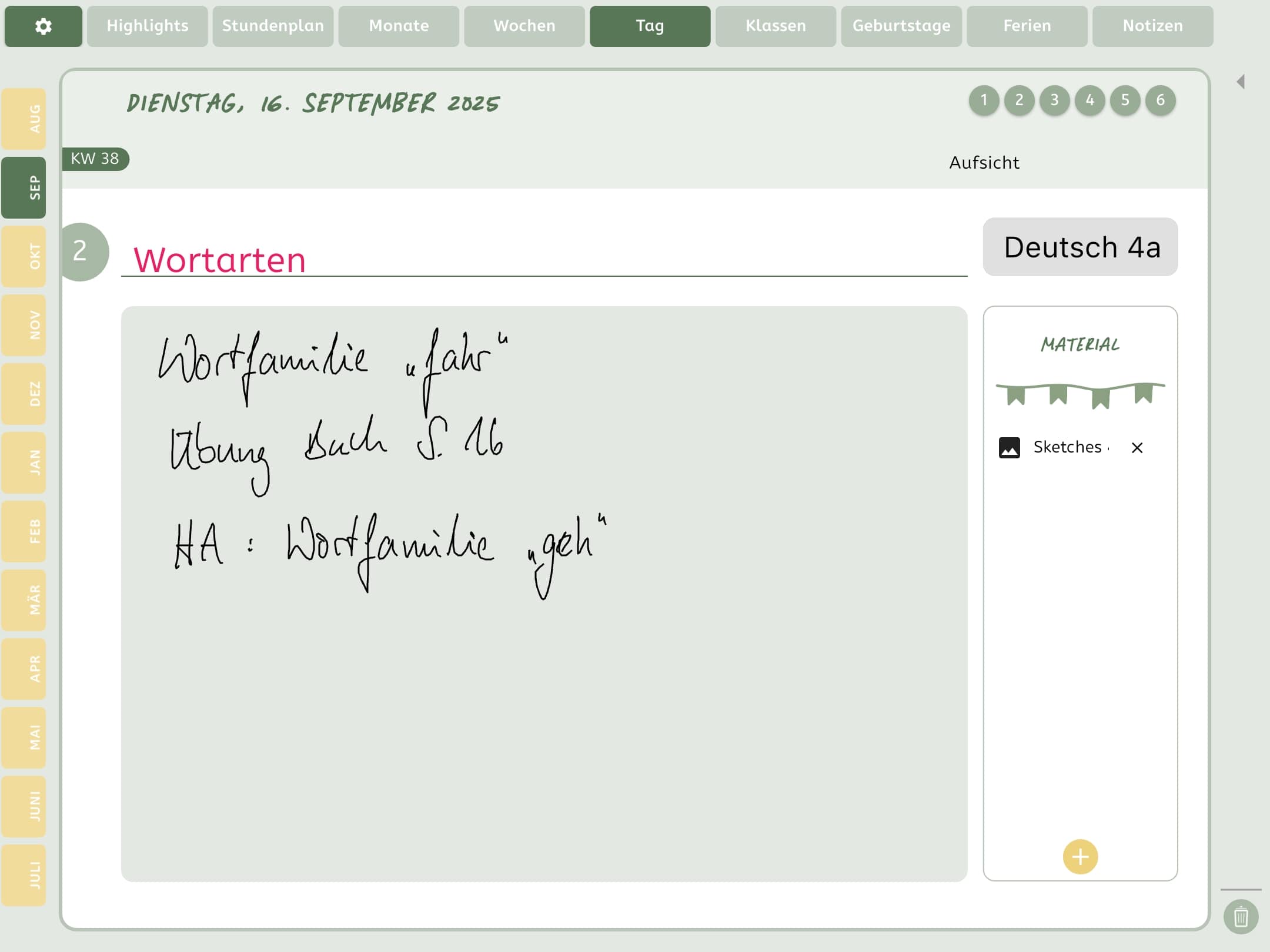 Tagesansicht in der Lehrerplaner-App mit handschriftlicher Tafelanschrieb-Notiz zum Thema Wortarten für den Deutschunterricht der Klasse 4a.