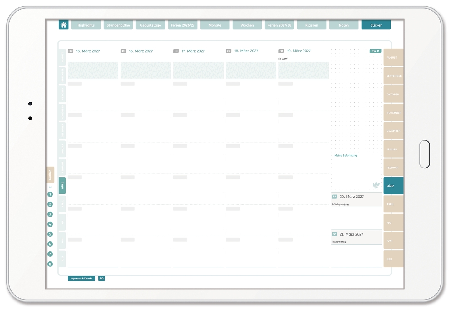 Mein digitaler Lehrerplaner (6 Unterrichtsstunden) – Blättermeer – Lehrerkalender für das Schuljahr 2026/2027 - PDF-Basis-Lizenz