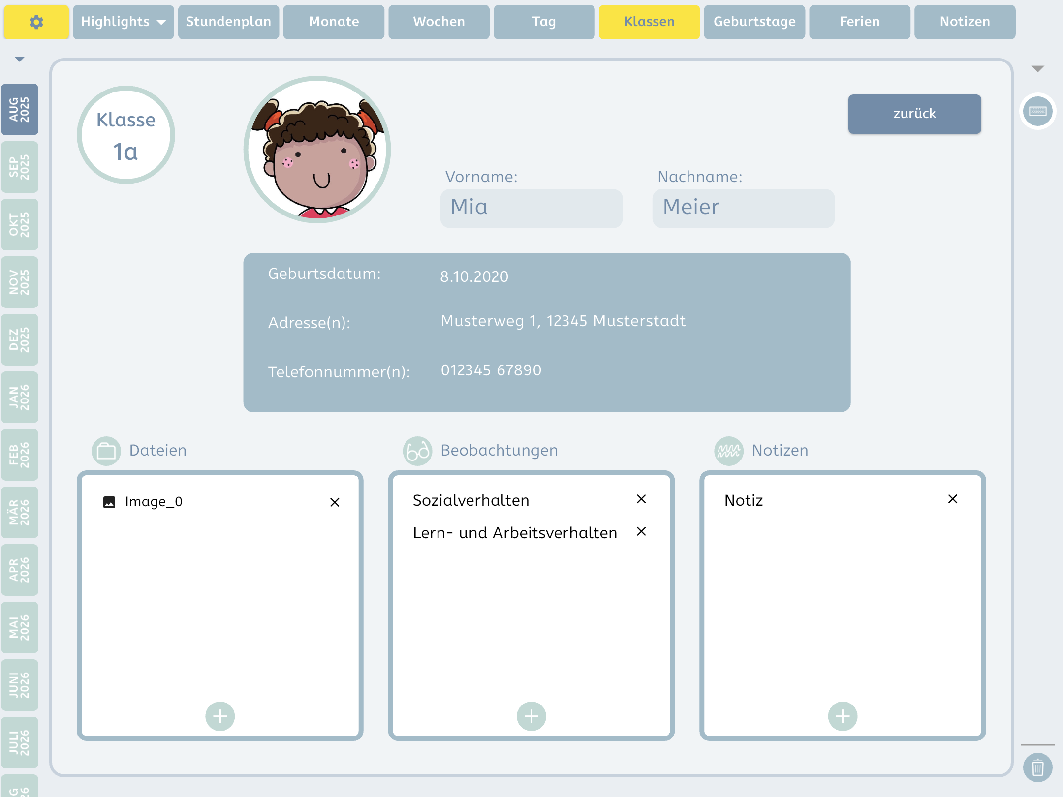 Individuelle Schüleransicht in der Lehrerplaner-App mit persönlichen Daten