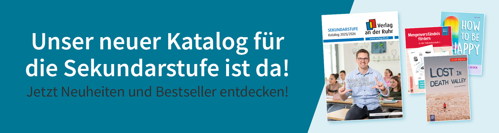 Aufforderung, im neuen Katalog zu stöbern. Daneben die Cover vom Katalog und drei Neuheiten.