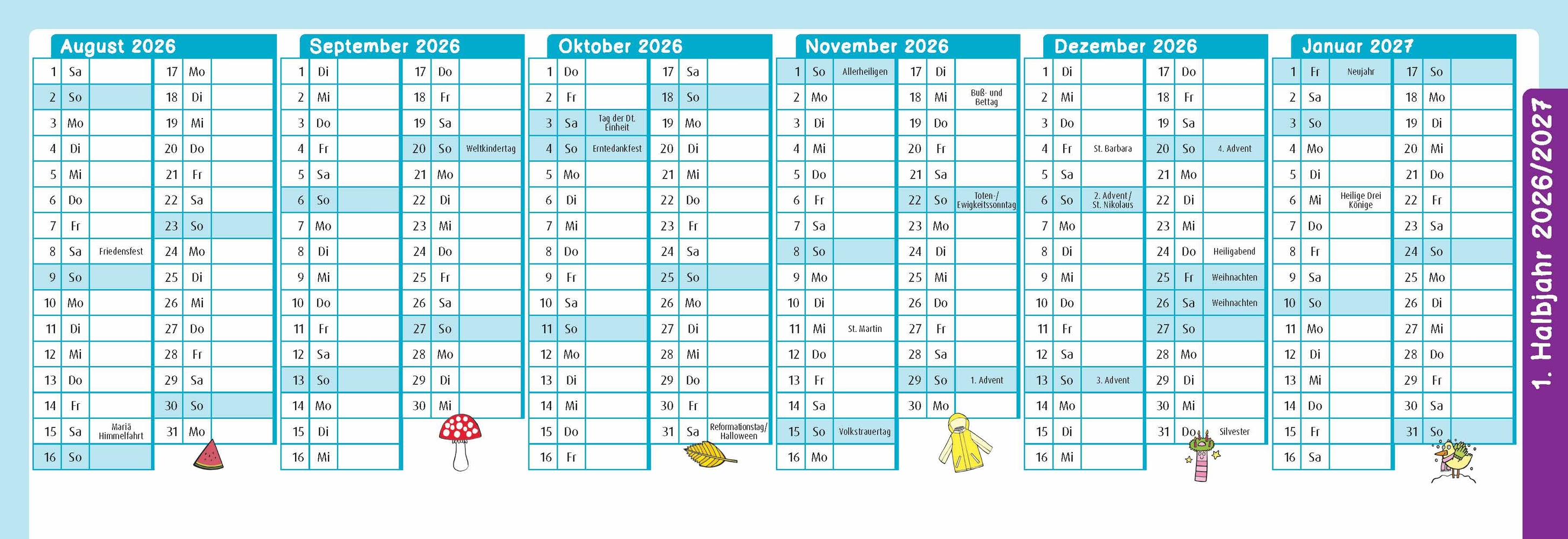 Der Wochen-Tischkalender für das Schuljahr 2026/2027