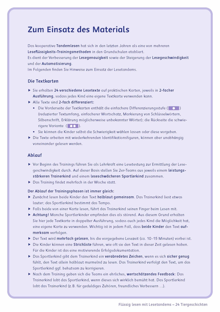 Flüssig lesen mit Lesetandems – 24 Tiergeschichten, Klasse 3/4