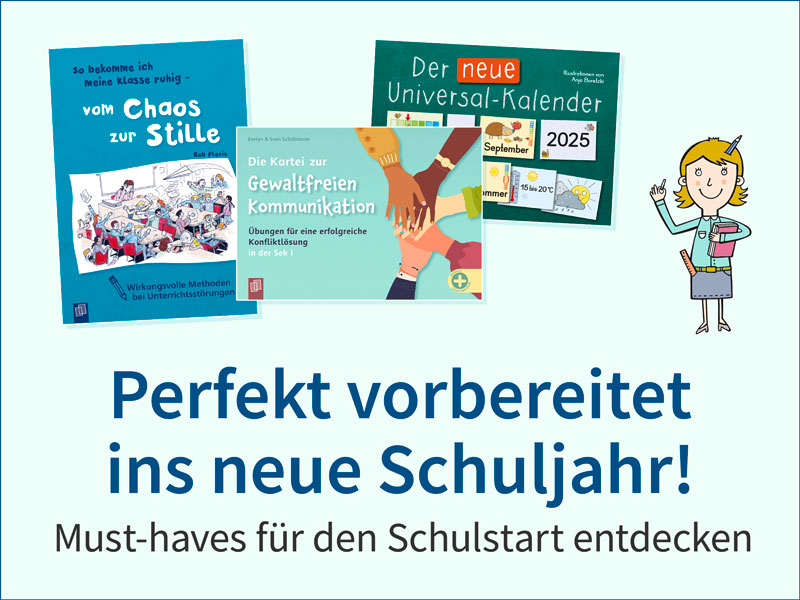 Perfekt vorbereitet ins neue Schuljahr! Daneben Illustrationen und Buchcover.