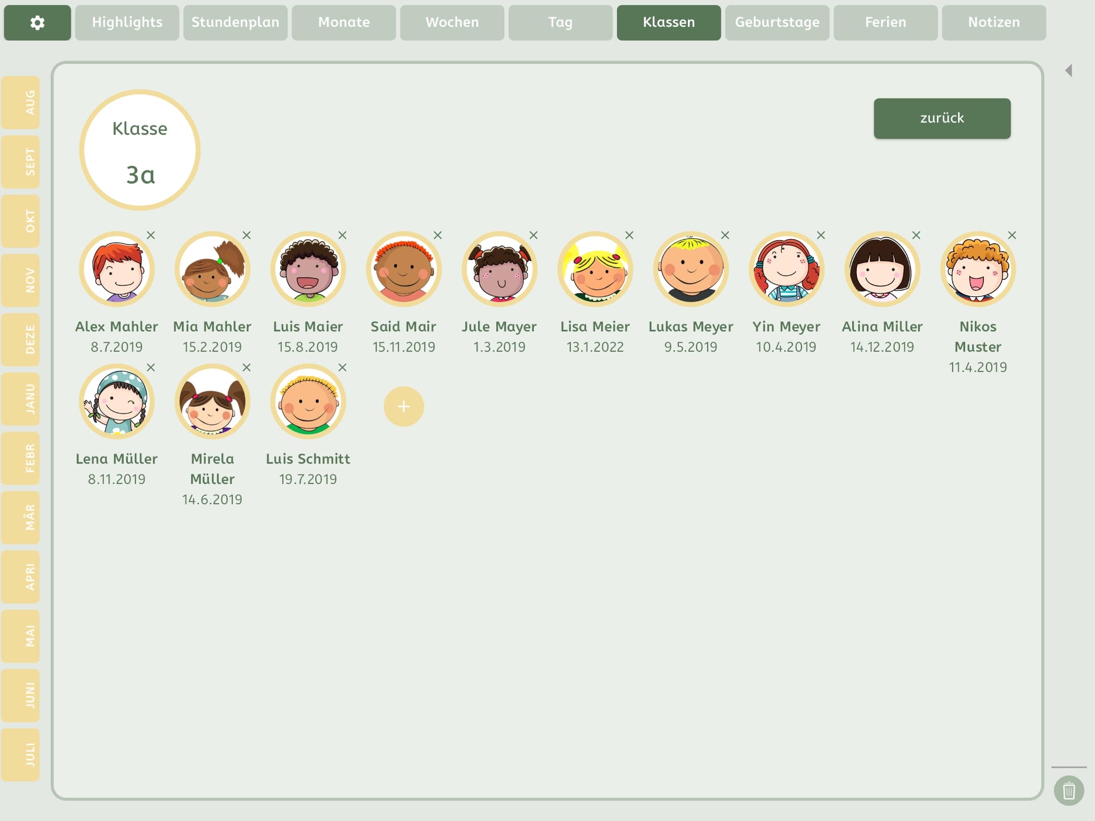 Klassenübersicht in der Lehrerplaner-App mit Porträts und Geburtsdaten aller Schüler*innen der Klasse 3a