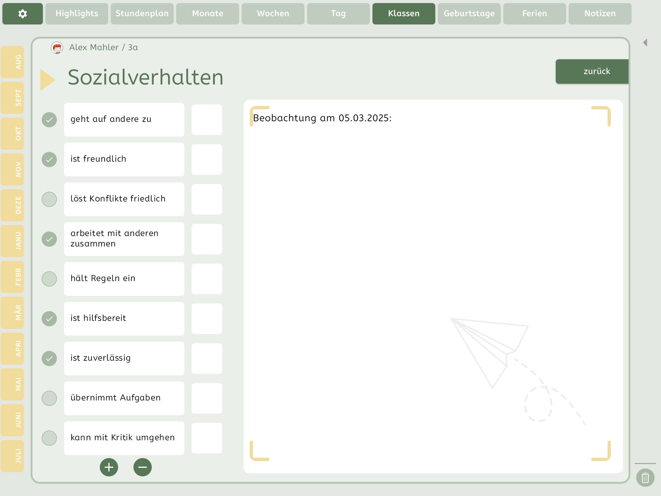 Ansicht zur Dokumentation des Sozialverhaltens eines Schülers in der Lehrerplaner-App mit vorgegebenen Kriterien und Beobachtungsfeld
