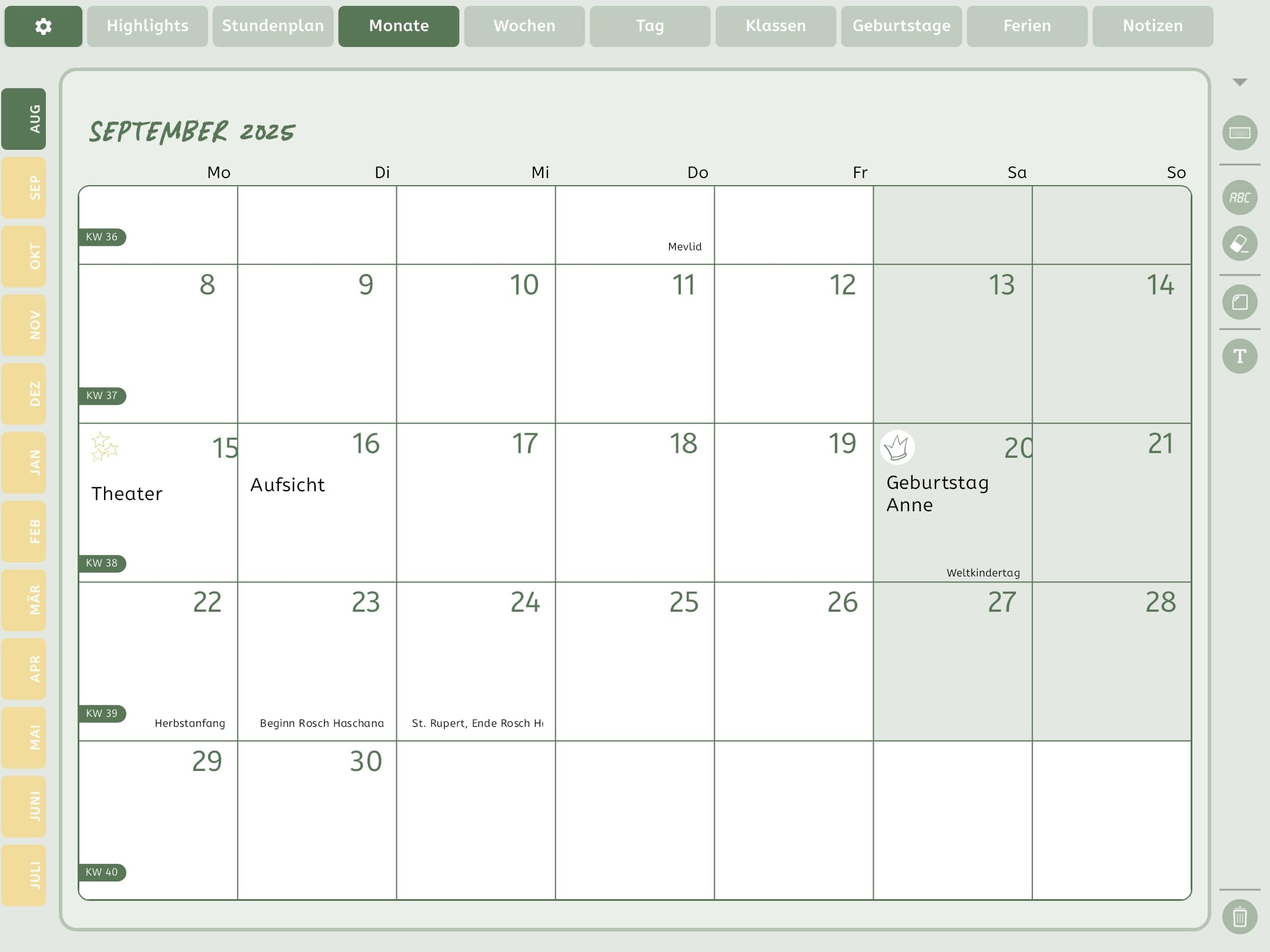 Monatsansicht in der Lehrerplaner-App mit Einträgen zu Terminen, Geburtstagen und Feiertagen im September 2025