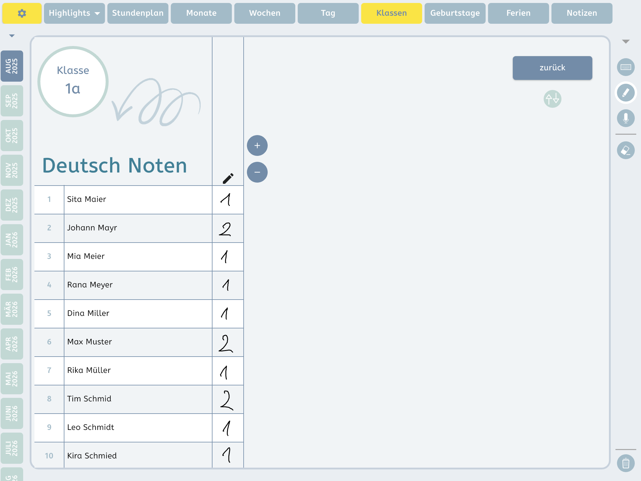 Notenübersicht für Mathe in der Lehrerplaner-App: Liste mit Test- und mündlichen Noten für Schüler*innen der Klasse 1a