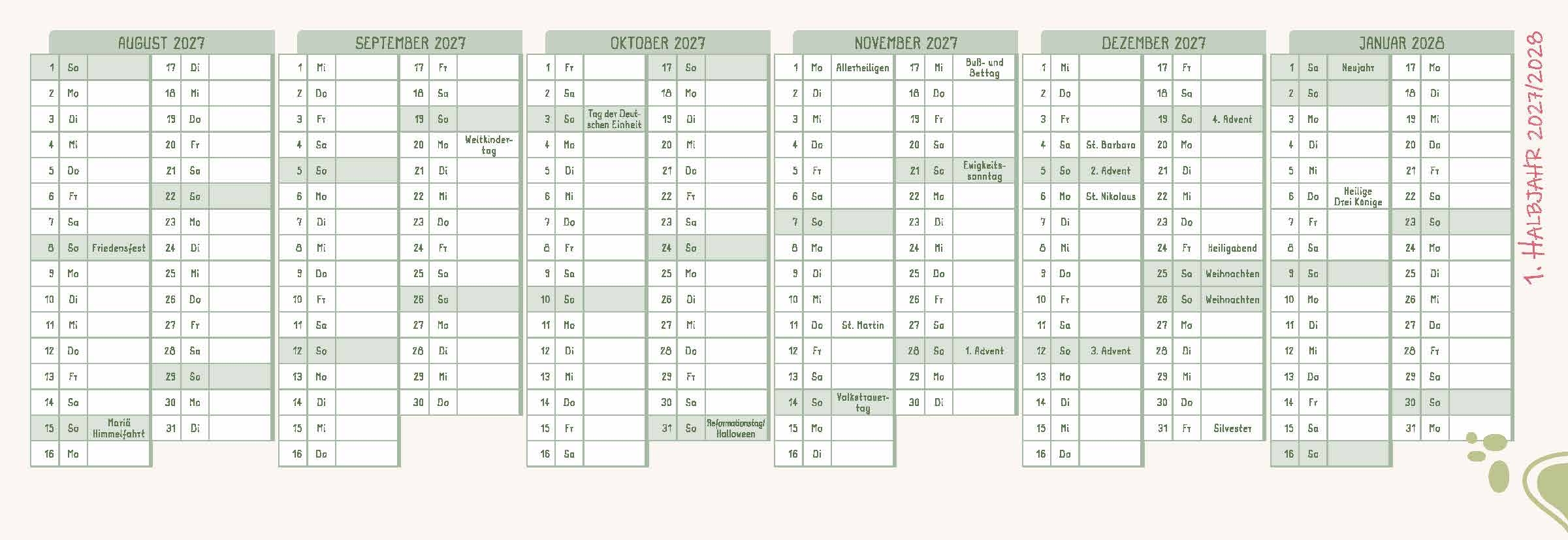 Mein Wochen-Tischkalender für das Schuljahr 2026/2027