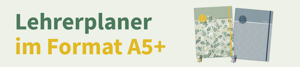 Schriftzug: Lehrerplaner im Format A5+. Daneben zwei gebundene Lehrerplaner in verschiedenen Designs.