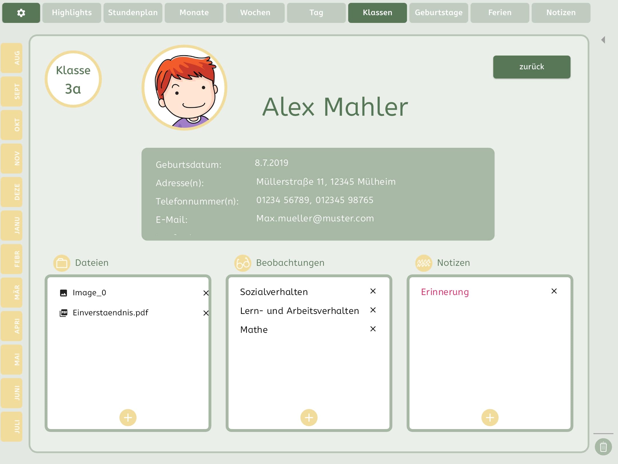 Individuelle Schüleransicht in der Lehrerplaner-App mit persönlichen Daten, Dateien, Beobachtungen und Notizen zu Alex Mahler aus Klasse 3a.