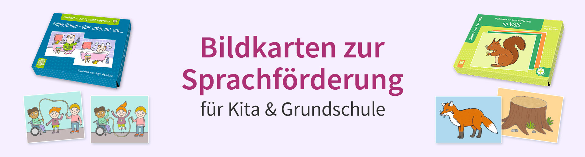 Bildkarten zur Sprachförderung. Zwei Schachteln der Kartensets sowie Beispielkarten.