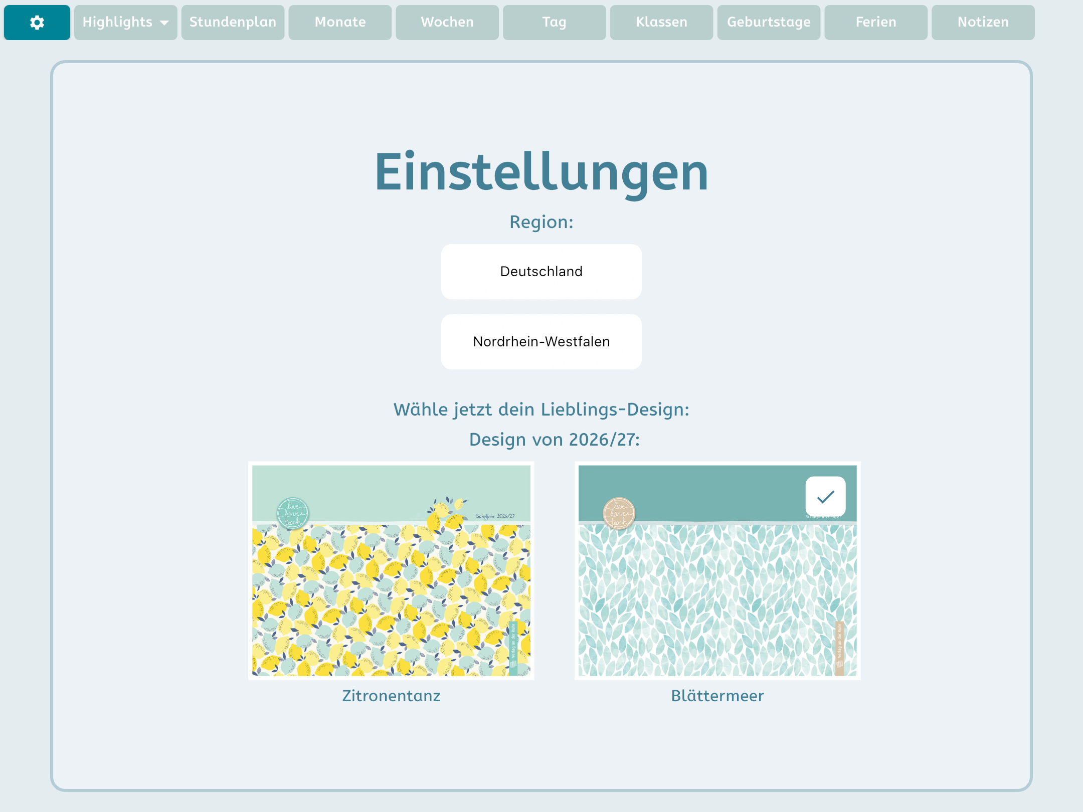 Einstellungsseite der Lehrerplaner-App mit Regionsauswahl und zwei Designs