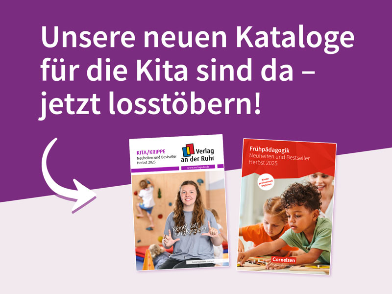 Aufforderung, in den neuen Katalogen zu stöbern. Darunter die Cover der Kataloge von Verlag an der Ruhr und Cornelsen.