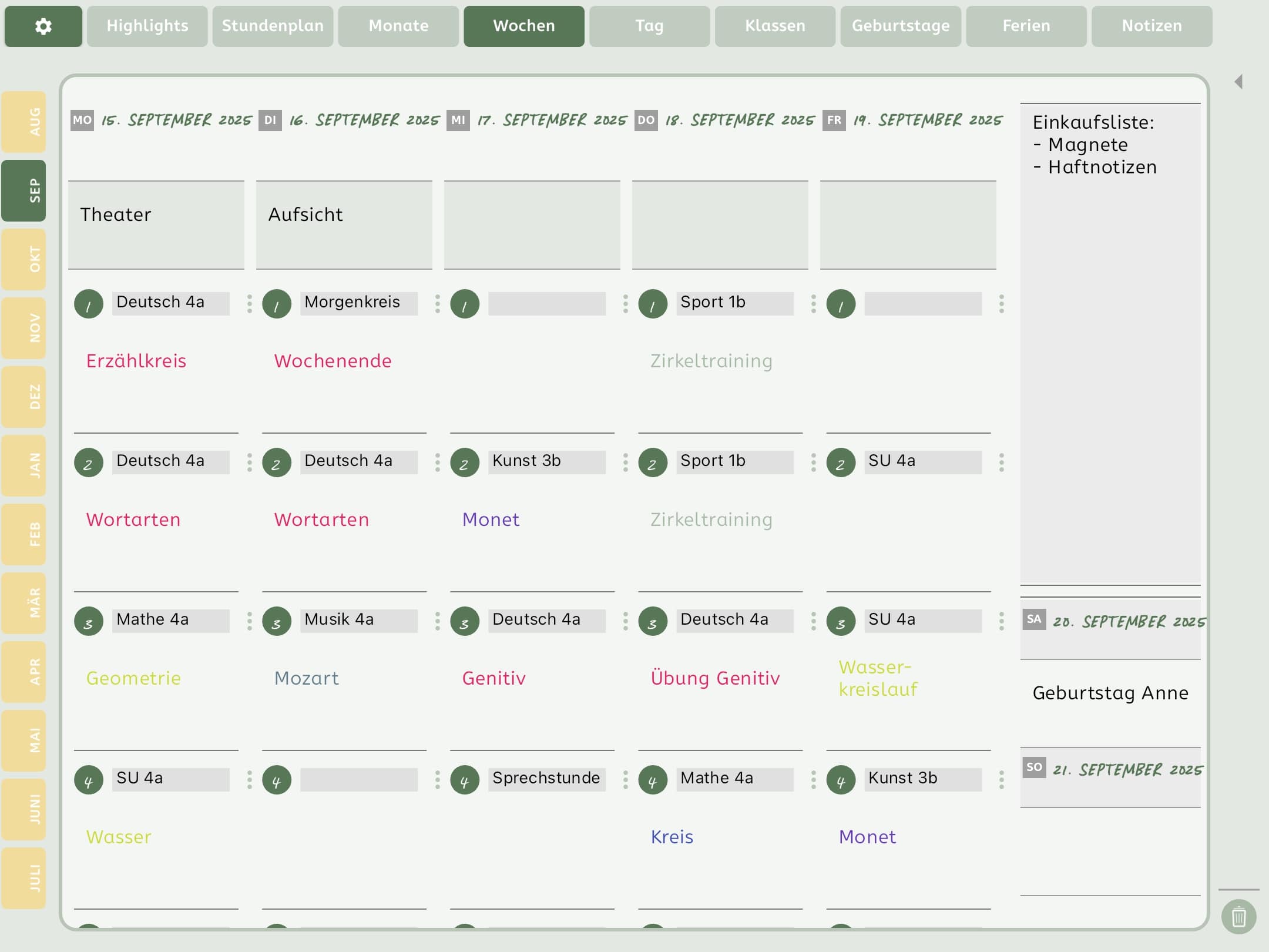 Wochenübersicht in der Lehrerplaner-App mit Unterrichtsfächern, Themen, Aufsichten und einer Einkaufs- sowie Geburtstagsnotiz