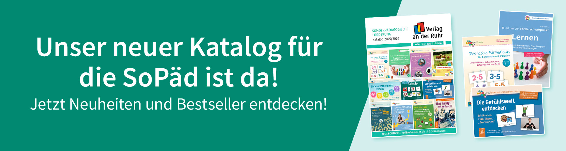 Aufforderung, im neuen Katalog zu stöbern. Daneben die Cover vom Katalog und drei Neuheiten.