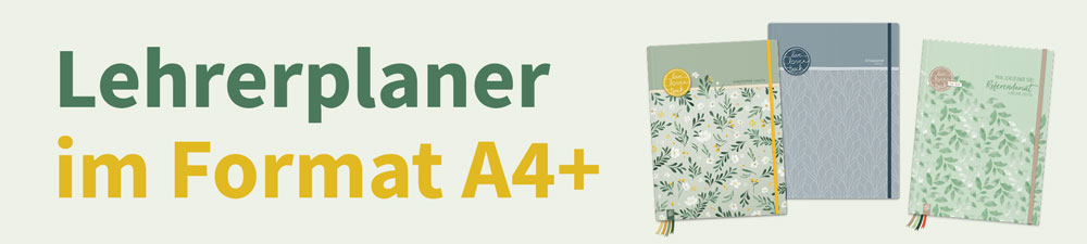 Schriftzug: Lehrerplaner im Format A4+. Daneben zwei gebundene Lehrerplaner in verschiedenen Designs.