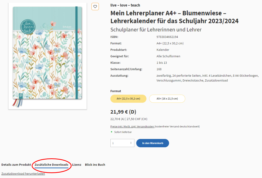 Produktseite des Lehrerplaners A4+ mit Blumenwiese-Design für das Schuljahr 2023/2024. Unten ist der Tab ‚Zusätzliche Downloads‘ ausgewählt, darunter ein Link: Zusatzdownload herunterladen.