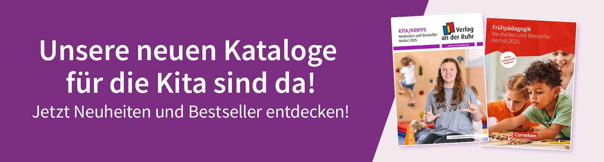 Aufforderung, in den neuen Katalogen zu stöbern. Daneben die Cover der Kataloge von Verlag an der Ruhr und Cornelsen.