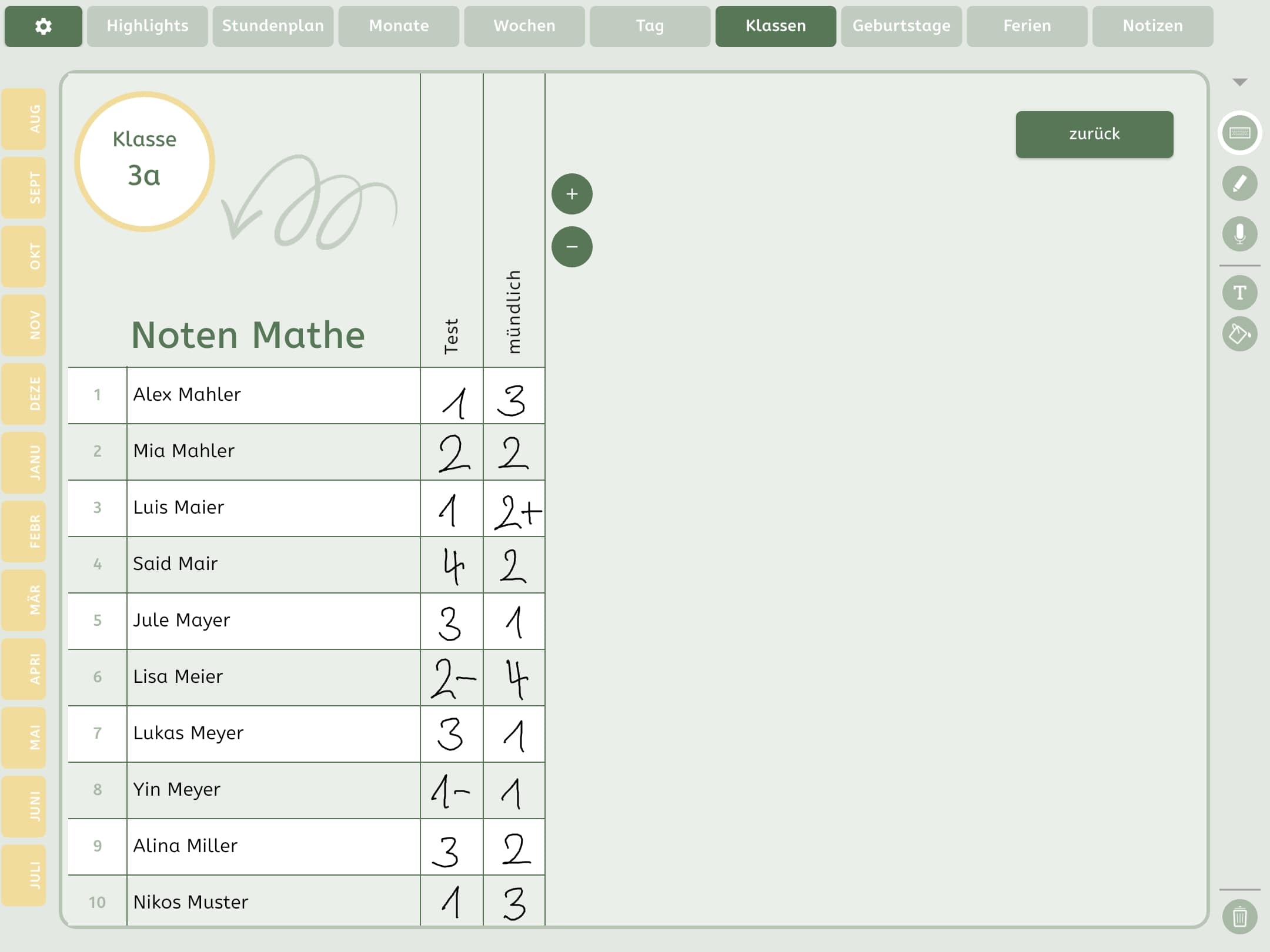 Notenübersicht für Mathe in der Lehrerplaner-App: Liste mit Test- und mündlichen Noten für Schüler*innen der Klasse 3a