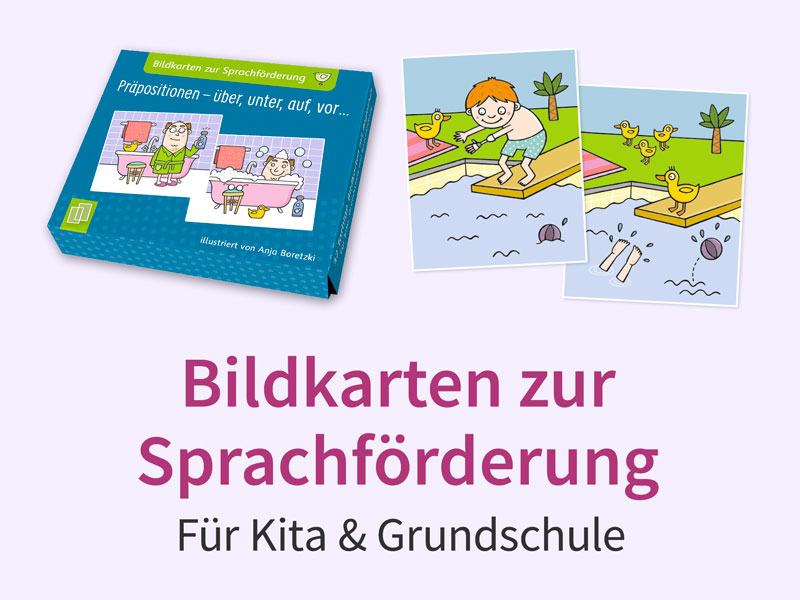Bildkarten zur Sprachförderung. Zwei Schachteln der Kartensets sowie Beispielkarten.