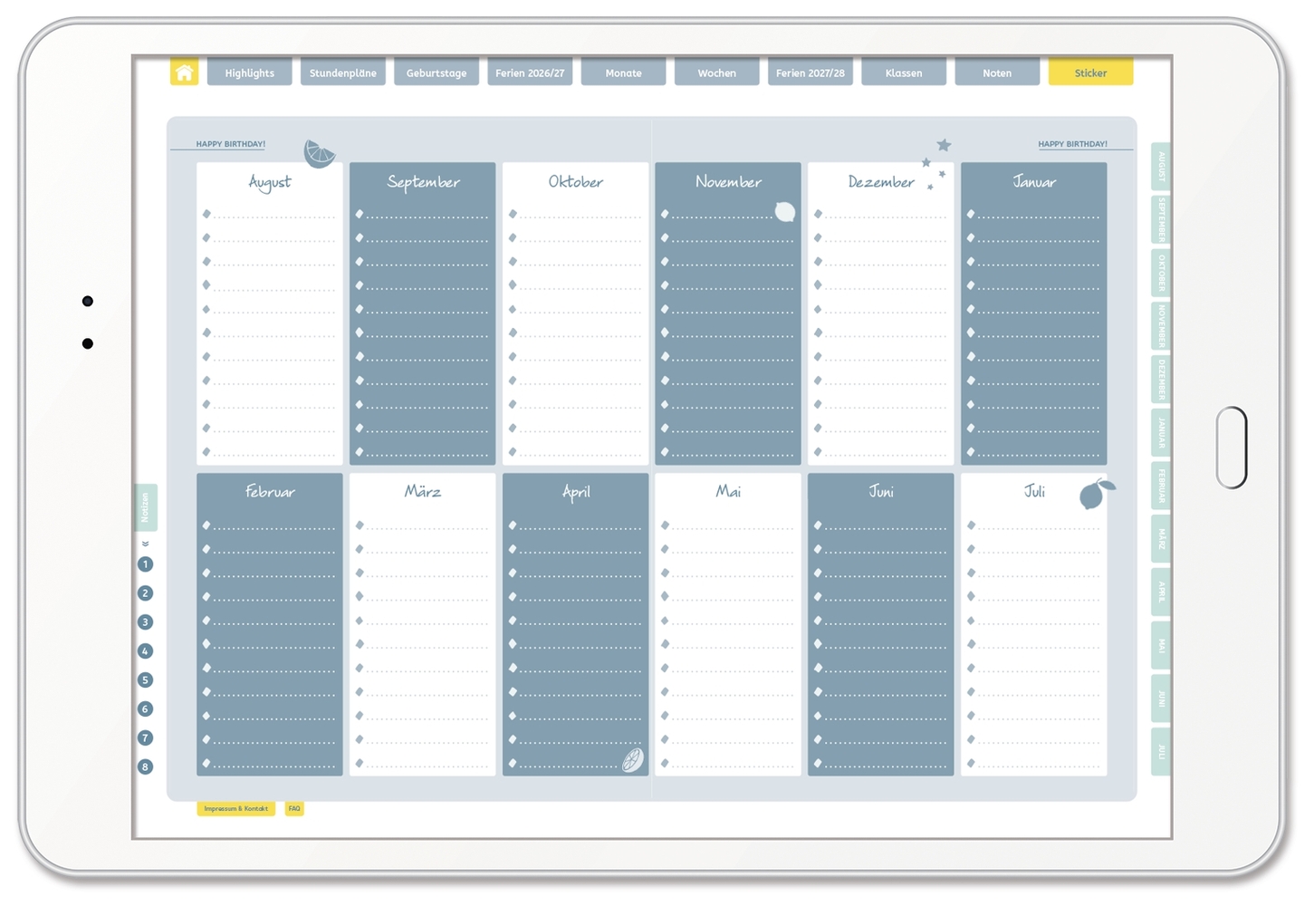 Mein digitaler Lehrerplaner (6 Unterrichtsstunden) – Zitronentanz – Lehrerkalender für das Schuljahr 2026/2027 - PDF-Basis-Lizenz