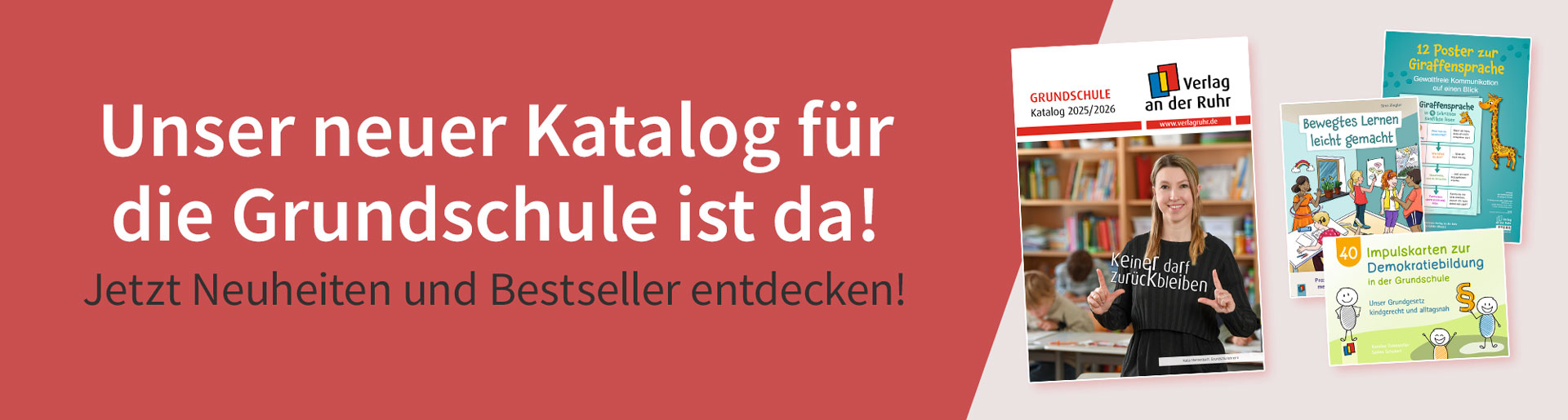 Aufforderung, im neuen Katalog zu stöbern. Daneben die Cover vom Katalog und drei Neuheiten.