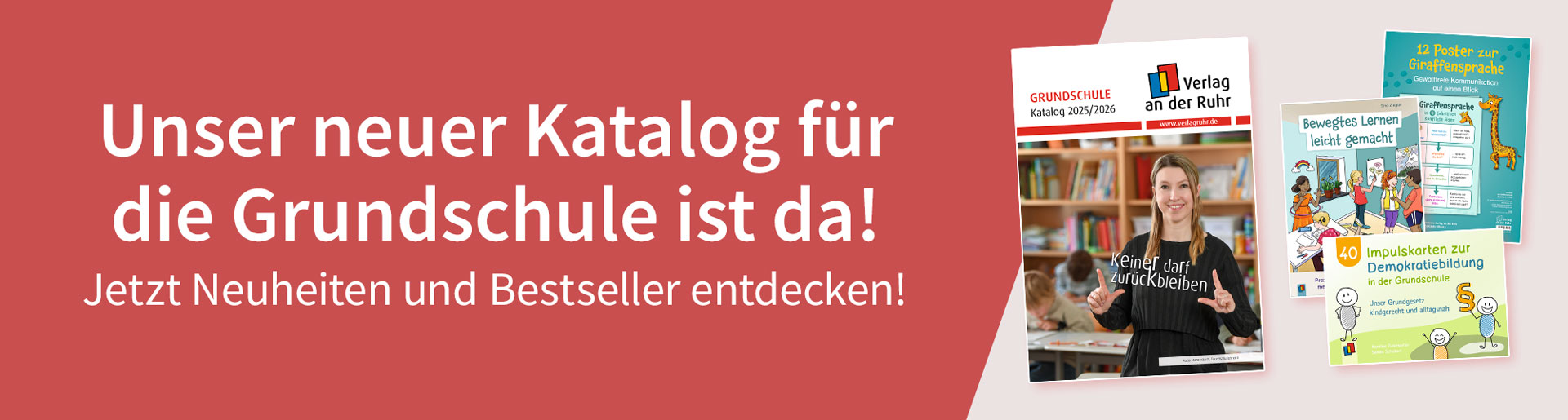 Aufforderung, im neuen Katalog zu stöbern. Daneben die Cover vom Katalog und drei Neuheiten.