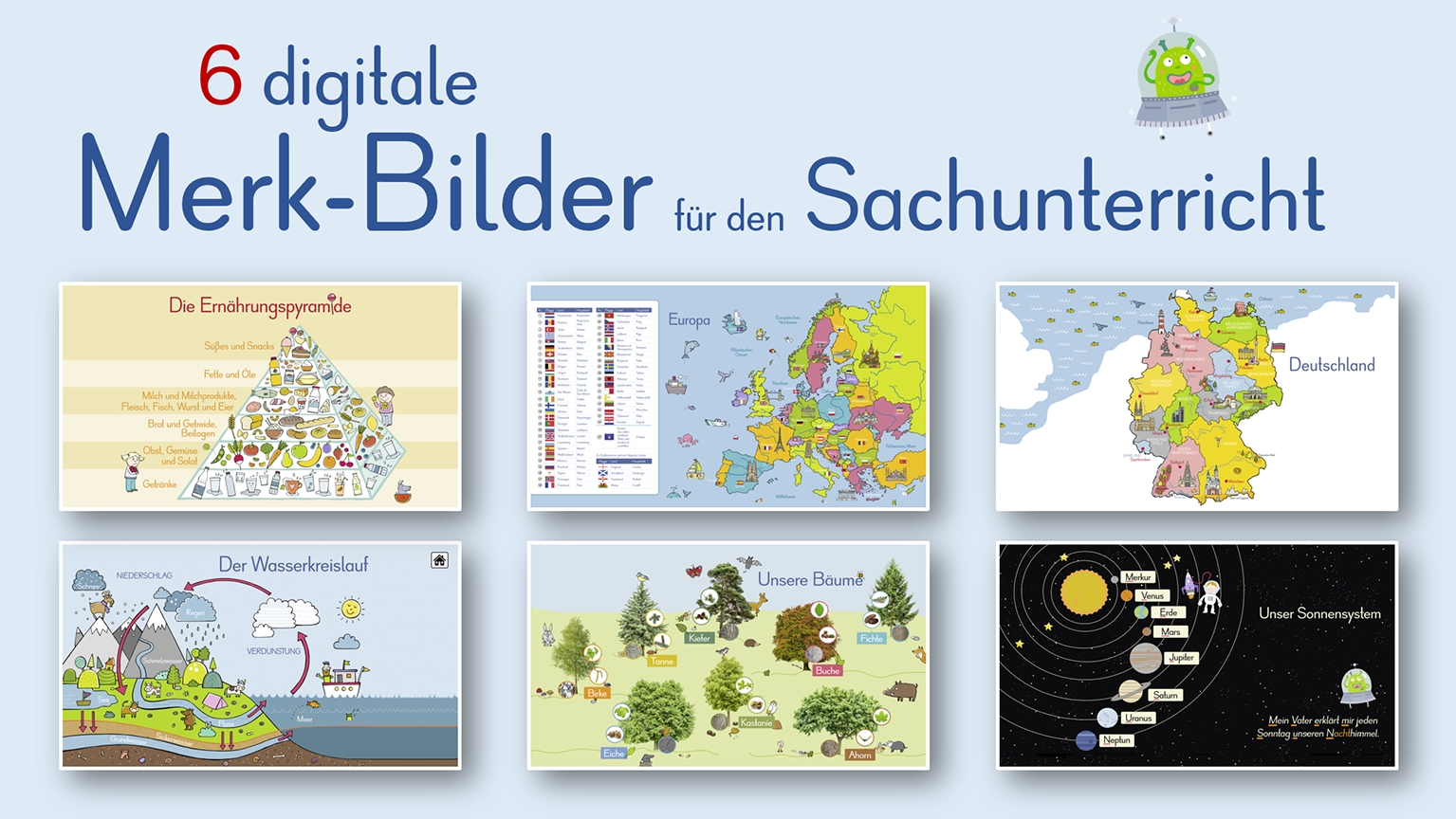 6 digitale Merk-Bilder für den Sachunterricht: Die Ernährungspyramide, Europa, Deutschland, Der Wasserkreislauf, Unsere Bäume, Unser Sonnensystem - Premium-Lizenz - Online